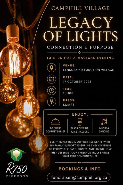 Legacy of Lights, 17 October 2026 at Eensgezind Function Village, 18h00, smart dress, R750 per person